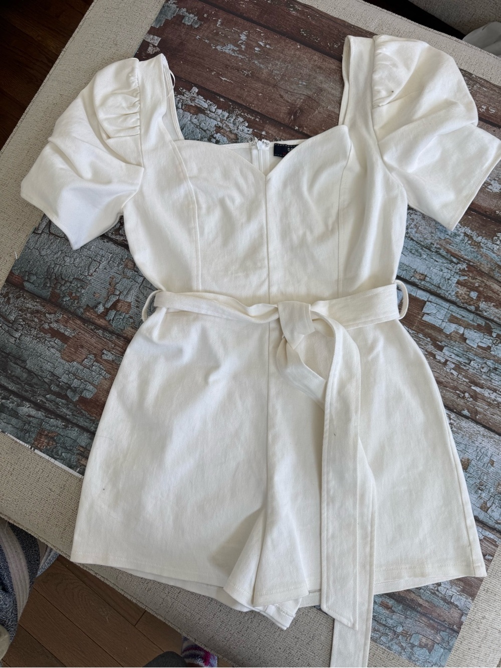 Jealous Tomato White Puff-Sleeve Short Soft Denim Romper with Tie Waist Size M